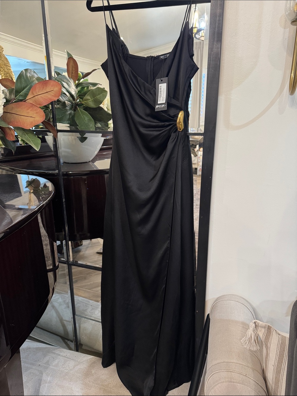 Nasty Gal Black Satin Maxi Dress with Gold Buckle